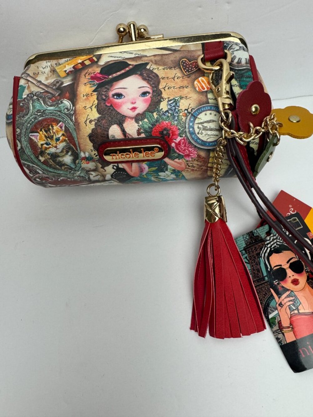 Clutch Bag Tassel Charms Nicole Lee USA Paris Graphic Print Wristlet